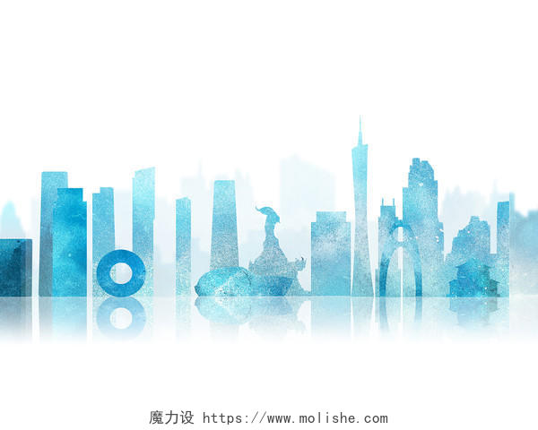 蓝色手绘城市建筑广州建筑高楼广州塔城市地标元素PNG素材